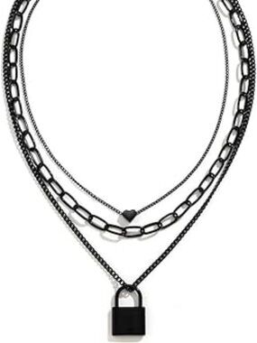 Gothic‎ Layered Choker Necklace Pendant Y2k Black Heart Lock = NEW !!
